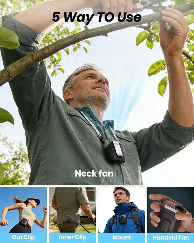 Alt view image 2 of 7 - Portable Fan Rechargeable - 5-oz Mini Hands-Free Personal Fans for Neck Waist, 100 Speed Turbo Airflow, Wearable Clip on Shirt Belt Fan for Body with LED Light, Travel Work Outdoor (Black)
