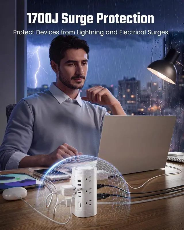 Alt view image 6 of 7 - 10Ft Extension Cord Power Strip Tower with Multiple Outlets, Flat Plug Power Tower 1700J Surge Protector, 12 AC Outlets 5 USB Ports (2 USB C), Desk USB Charging Station, Home Office Dorm Room, White