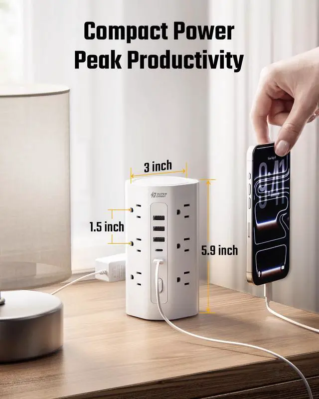 Alt view image 7 of 7 - 10Ft Extension Cord Power Strip Tower with Multiple Outlets, Flat Plug Power Tower 1700J Surge Protector, 12 AC Outlets 5 USB Ports (2 USB C), Desk USB Charging Station, Home Office Dorm Room, White