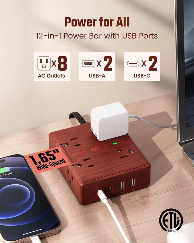 Alt view image 2 of 7 - Brown Extension Cord 10Ft, Flat Plug Power Strip Surge Protector, 8 Outlet 4 USB Ports (2 USB C), Wall Mountable, Decorative Wood Charging Station for Home Office Desk Accessories Wood Grain