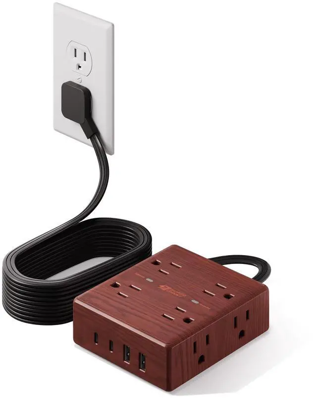 Main image of Brown Extension Cord 10Ft, Flat Plug Power Strip Surge Protector, 8 Outlet 4 USB Ports (2 USB C), Wall Mountable, Decorative Wood Charging Station for Home Office Desk Accessories Wood Grain