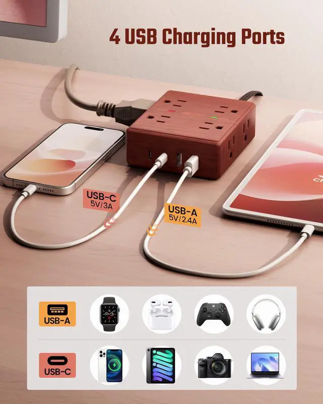 Alt view image 3 of 7 - Brown Extension Cord 10Ft, Flat Plug Power Strip Surge Protector, 8 Outlet 4 USB Ports (2 USB C), Wall Mountable, Decorative Wood Charging Station for Home Office Desk Accessories Wood Grain