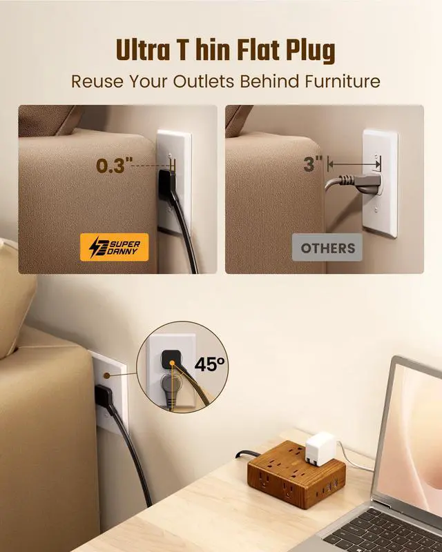 Alt view image 4 of 7 - Brown Extension Cord 10Ft, Flat Plug Power Strip Surge Protector, 8 Outlet 4 USB Ports (2 USB C), Wall Mountable, Decorative Wood Charging Station for Home Office Desk Accessories Wood Grain