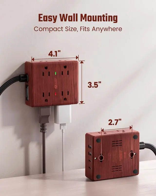 Alt view image 7 of 7 - Brown Extension Cord 10Ft, Flat Plug Power Strip Surge Protector, 8 Outlet 4 USB Ports (2 USB C), Wall Mountable, Decorative Wood Charging Station for Home Office Desk Accessories Wood Grain
