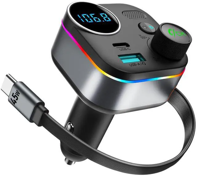 Main image of Bluetooth 5.4 FM Transmitter, 72W Car Charger with 45W Retractable USB-C PD