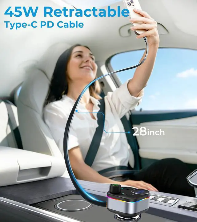 Alt view image 3 of 7 - Bluetooth 5.4 FM Transmitter, 72W Car Charger with 45W Retractable USB-C PD
