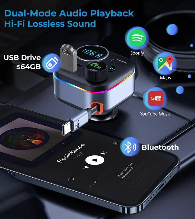 Alt view image 4 of 7 - Bluetooth 5.4 FM Transmitter, 72W Car Charger with 45W Retractable USB-C PD