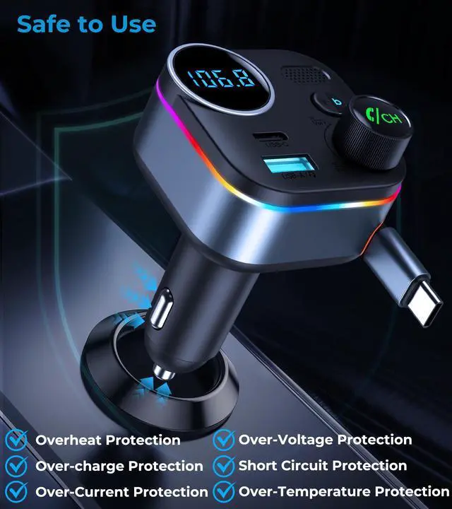 Alt view image 6 of 7 - Bluetooth 5.4 FM Transmitter, 72W Car Charger with 45W Retractable USB-C PD