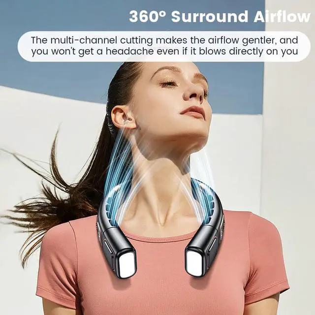Alt view image 2 of 7 - Portable Neck Fan Rechargeable, Ice Porcelain Slab Design, 5 Speeds Neck Cooler, No Hair Twisting, Air Volume on 2 Sides, with LED Digital Display & Ambient Lighting
