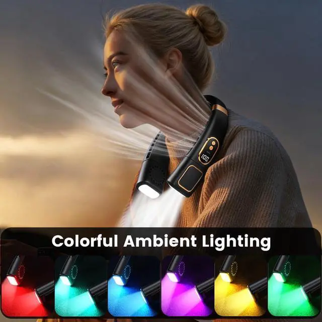 Alt view image 7 of 7 - Portable Neck Fan Rechargeable, Ice Porcelain Slab Design, 5 Speeds Neck Cooler, No Hair Twisting, Air Volume on 2 Sides, with LED Digital Display & Ambient Lighting