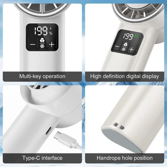 Alt view image 7 of 7 - Portable Handheld Turbo Fan, Rechargeable Hand Cooling Fan,One Key Ice Cooling Pad,Perfect for Travel Camping,199 Speeds.(White body+silver cover)
