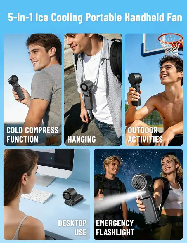 Alt view image 5 of 7 - Handheld Fan Portable Personal Cooling Fans Mini Hand Held Fan,199Speed 26000RPM Turbo Air,6000mAhBattery USBRechargeable FoldableFan with LED Light Hook,Ice Cooling Essentials for Travel Outdoor Gift