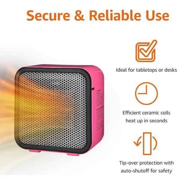 Alt view image 2 of 4 - Ceramic Space Heater, Portable Mini Heater for Office Desk, Indoor Use, 500W, With Tip-Over Protection, Lightweight 1.4 lbs, Pink, 5.9 x 3.2 x 6 inches