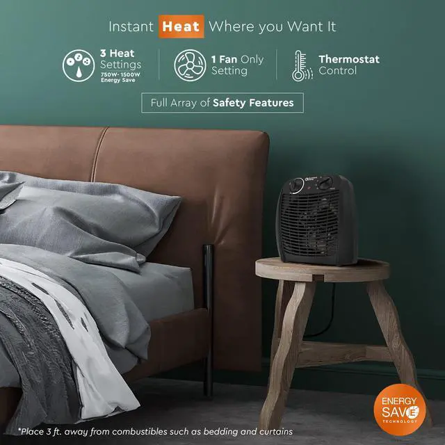 Alt view image 2 of 7 - Indoor Space Heater with Adjustable Thermostat, Fan Forced, Electric, Overheat Protection, Safety Tip-Over Switch, Energy Efficient, Ideal for Home, Bedroom, & Office, 1,500W, CZ45EBK