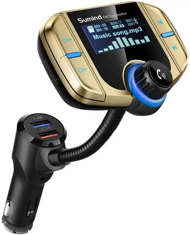 Main image of 2026 Upgraded Wireless Bluetooth Car Adapter FM Transmitter, 1.7'' LCD Display, Flexible Gooseneck, 20W QC3.0&Dual USB Ports, AUX Input/Output for Hands-Free Call, Micro/TF Card(Golden,Normal)