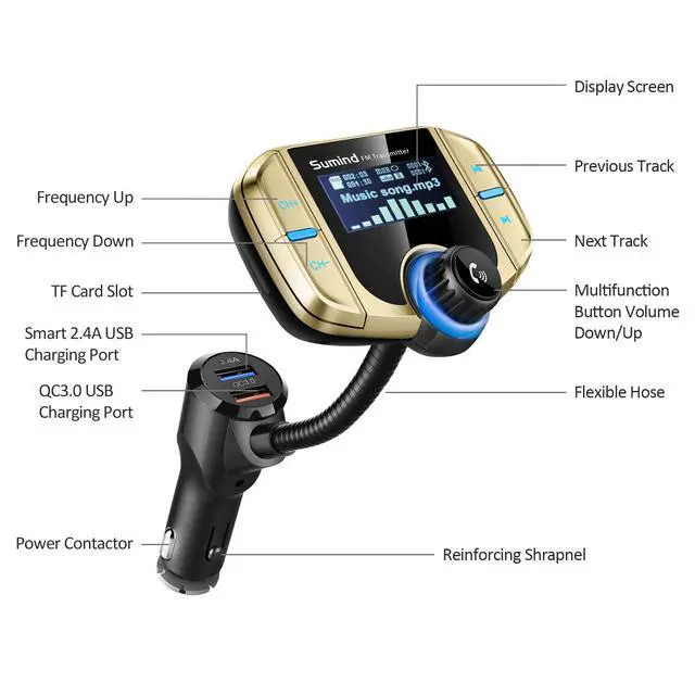 Alt view image 2 of 7 - 2026 Upgraded Wireless Bluetooth Car Adapter FM Transmitter, 1.7'' LCD Display, Flexible Gooseneck, 20W QC3.0&Dual USB Ports, AUX Input/Output for Hands-Free Call, Micro/TF Card(Golden,Normal)