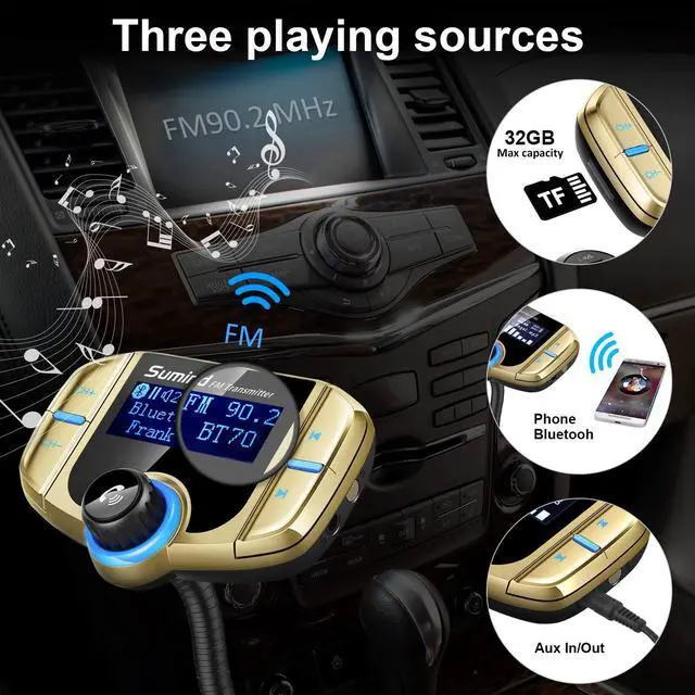Alt view image 4 of 7 - 2026 Upgraded Wireless Bluetooth Car Adapter FM Transmitter, 1.7'' LCD Display, Flexible Gooseneck, 20W QC3.0&Dual USB Ports, AUX Input/Output for Hands-Free Call, Micro/TF Card(Golden,Normal)