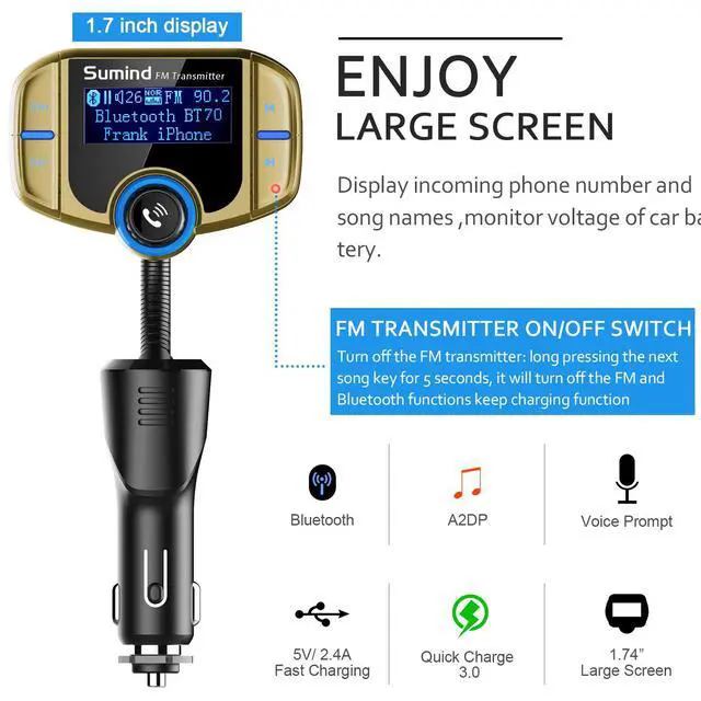 Alt view image 3 of 7 - 2026 Upgraded Wireless Bluetooth Car Adapter FM Transmitter, 1.7'' LCD Display, Flexible Gooseneck, 20W QC3.0&Dual USB Ports, AUX Input/Output for Hands-Free Call, Micro/TF Card(Golden,Normal)