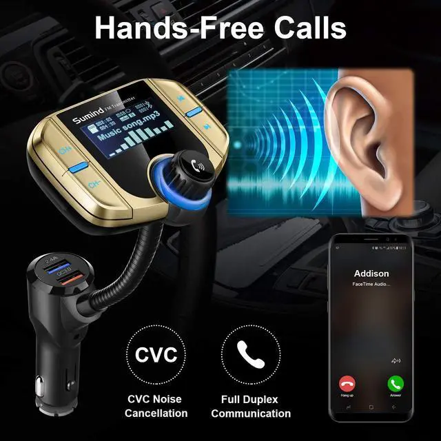 Alt view image 7 of 7 - 2026 Upgraded Wireless Bluetooth Car Adapter FM Transmitter, 1.7'' LCD Display, Flexible Gooseneck, 20W QC3.0&Dual USB Ports, AUX Input/Output for Hands-Free Call, Micro/TF Card(Golden,Normal)