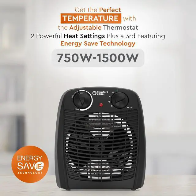 Alt view image 6 of 7 - Indoor Space Heater with Adjustable Thermostat, Fan Forced, Electric, Overheat Protection, Safety Tip-Over Switch, Energy Efficient, Ideal for Home, Bedroom, & Office, 1,500W, CZ45EBK