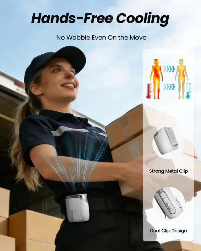 Alt view image 4 of 7 - Portable Fan Rechargeable - 5-oz Mini Hands-Free Personal Fans for Neck Waist, 100 Speed Turbo Airflow, Wearable Clip on Shirt Belt Fan for Body with LED Light, Travel Work Outdoor (White)