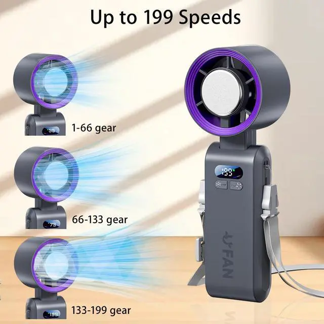 Alt view image 5 of 7 - Handheld Fan, Portable Handheld Fan with Ice Function, mini personal fan, Turbo Powerful Rechargeable Fans,1-199 Speed, Foldable, for Women Men Outdoor Indoor travel essentials(Grey)