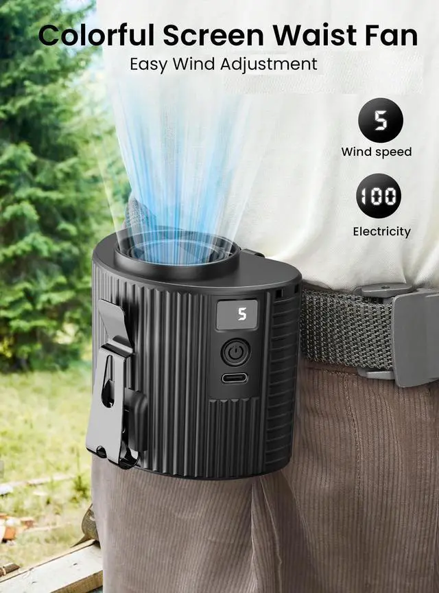 Alt view image 2 of 7 - Portable Mini Waist Fan with LED Display, Personal Cool Clip Belt Fan with 5 Speeds, 11000 RPM Strong Airflow, Under shirt Clip with 21H Use Time, Wearable Belt Design for Blue Collar, Jobsite