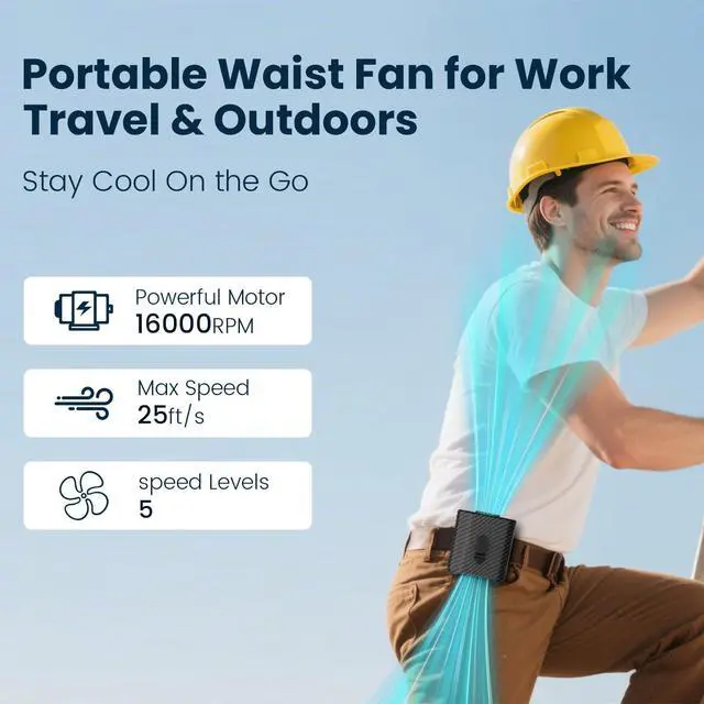 Alt view image 2 of 7 - Portable Waist Fan, 5-Speed 16000RPM Strong Turbo Airflow, belt fan with up to 40H of Working Time, Hands-Free Neck Fan, Rechargeable Wearable Personal Fan for Outdoor, Hiking,Jobsite, Farms