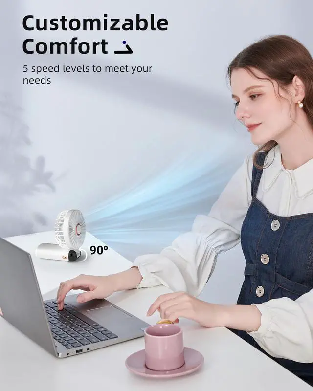 Alt view image 3 of 6 - Portable Handheld Fan, Battery Operated Fan with Base, 8 Hours, Digital Display, 5 Speeds, 90° Ajustable, Rechargeable Mini Fan for Outdoor Indoor