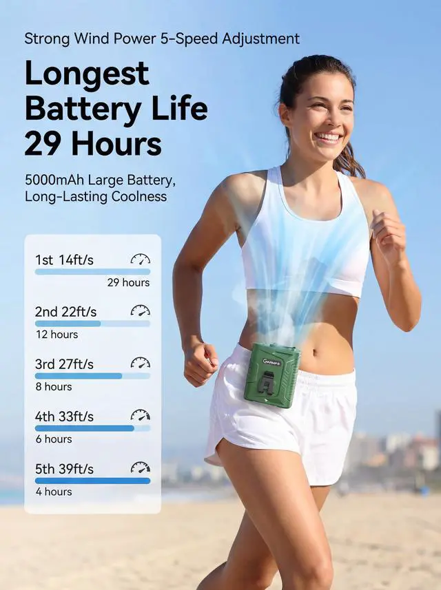 Alt view image 3 of 7 - Waist Clip Fan - 5000mAh Rechargeable Portable Personal Fan, 39ft/s Ultra-Strong Wind, 29H Runtime, 5 Speeds, LED & SOS Light, for Outdoor, Camping, Hiking, Construction