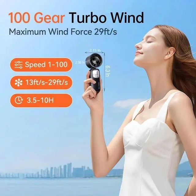 Alt view image 3 of 7 - 3-in-1 Portable Handheld Turbo Fan-100 Speeds, 15000 RPM, 10Hrs Cooling, LED Display, 90° Rotation, Small Travel Fan, Mini Foldable Hand Held Personal Fan for Women Men (Black)