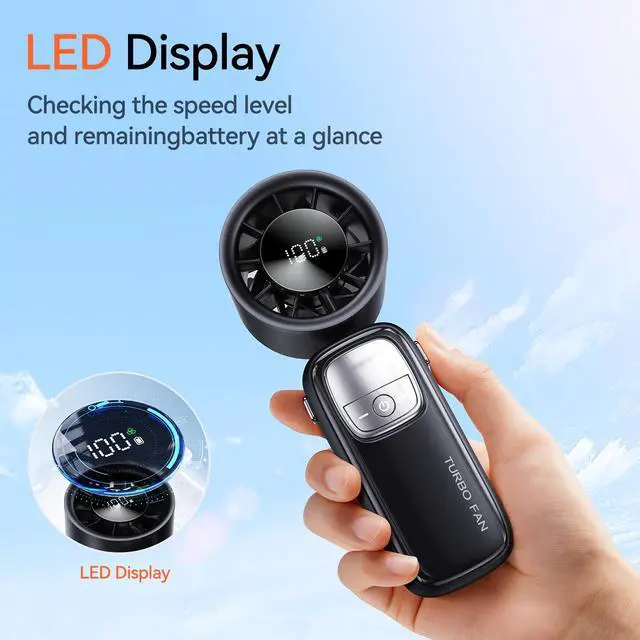 Alt view image 5 of 7 - 3-in-1 Portable Handheld Turbo Fan-100 Speeds, 15000 RPM, 10Hrs Cooling, LED Display, 90° Rotation, Small Travel Fan, Mini Foldable Hand Held Personal Fan for Women Men (Black)