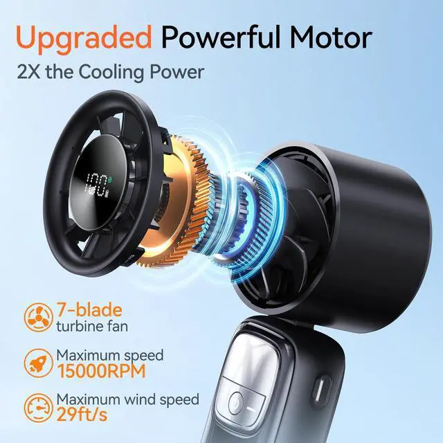 Alt view image 2 of 7 - 3-in-1 Portable Handheld Turbo Fan-100 Speeds, 15000 RPM, 10Hrs Cooling, LED Display, 90° Rotation, Small Travel Fan, Mini Foldable Hand Held Personal Fan for Women Men (Black)