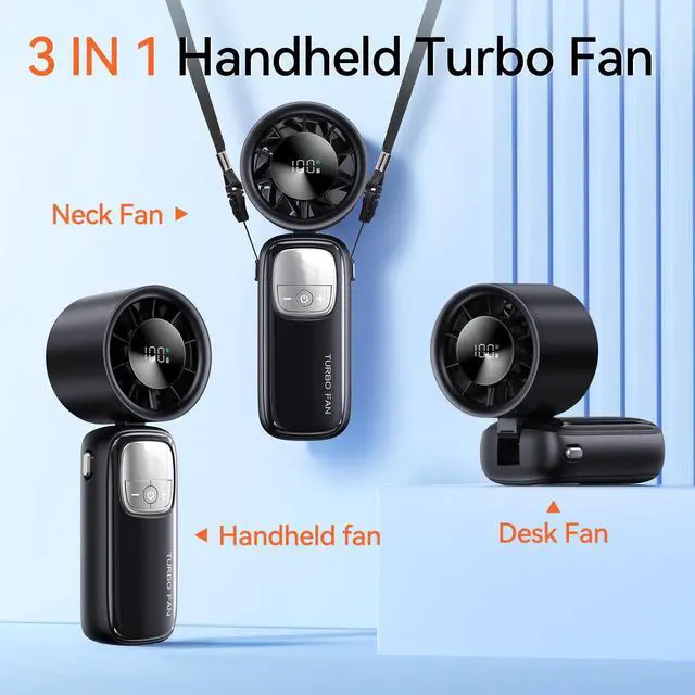 Alt view image 4 of 7 - 3-in-1 Portable Handheld Turbo Fan-100 Speeds, 15000 RPM, 10Hrs Cooling, LED Display, 90° Rotation, Small Travel Fan, Mini Foldable Hand Held Personal Fan for Women Men (Black)