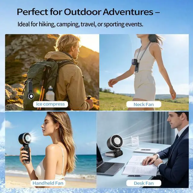 Alt view image 4 of 7 - Portable Handheld Turbo Fan with Ice Cooling, 4000mAh Rechargeable, 8m/s High Speed Turbo Fan, 3-in-1 Hand/Neck/Desk Fan with Carabiner for Travel, Outdoor, Beach & Office