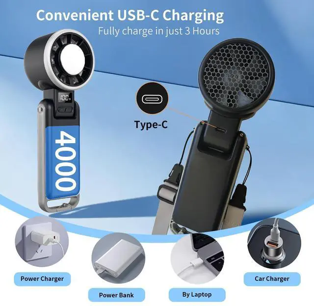Alt view image 7 of 7 - Portable Handheld Turbo Fan with Ice Cooling, 4000mAh Rechargeable, 8m/s High Speed Turbo Fan, 3-in-1 Hand/Neck/Desk Fan with Carabiner for Travel, Outdoor, Beach & Office