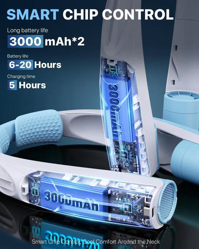 Alt view image 5 of 7 - Portable Neck Fan with 6000mAh Battery, USB-C Rechargeable, Blue Hands-Free Personal Fan 6 Speeds, 6-20Hrs Cooling for Outdoor Sports/Gym/Office, Adjustable 11oz Lightweight, Neck Cooler