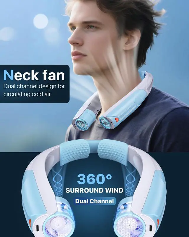 Alt view image 6 of 7 - Portable Neck Fan with 6000mAh Battery, USB-C Rechargeable, Blue Hands-Free Personal Fan 6 Speeds, 6-20Hrs Cooling for Outdoor Sports/Gym/Office, Adjustable 11oz Lightweight, Neck Cooler