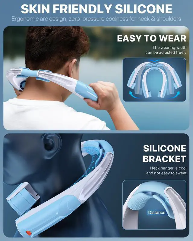 Alt view image 7 of 7 - Portable Neck Fan with 6000mAh Battery, USB-C Rechargeable, Blue Hands-Free Personal Fan 6 Speeds, 6-20Hrs Cooling for Outdoor Sports/Gym/Office, Adjustable 11oz Lightweight, Neck Cooler