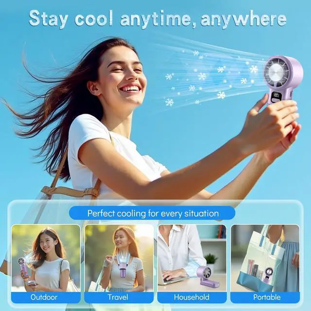 Alt view image 6 of 6 - High-Speed Portable Handheld Turbo Fan with Ice Cooler, LED Display, 3600mAh Rechargeable Fan, Up to 9H Runtime, 90°Foldable Mini Fans for Travel, Commute, Outdoor, Gifts for Women Men