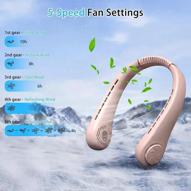Alt view image 4 of 7 - Portable Neck Fan, Rechargeable Hands-Free Wearable Fan, 5 Speeds, Bladeless & LED Display, Long Use Time, Personal Cooling Fan for Travel, Outdoors, Camping (Pink)
