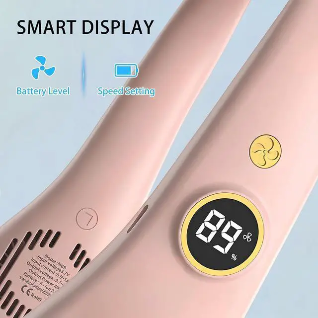 Alt view image 3 of 7 - Portable Neck Fan, Rechargeable Hands-Free Wearable Fan, 5 Speeds, Bladeless & LED Display, Long Use Time, Personal Cooling Fan for Travel, Outdoors, Camping (Pink)
