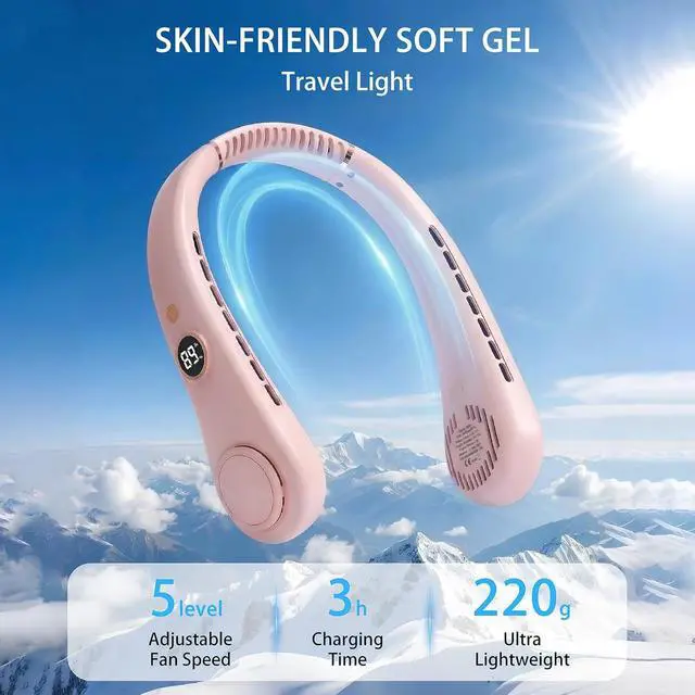 Alt view image 5 of 7 - Portable Neck Fan, Rechargeable Hands-Free Wearable Fan, 5 Speeds, Bladeless & LED Display, Long Use Time, Personal Cooling Fan for Travel, Outdoors, Camping (Pink)
