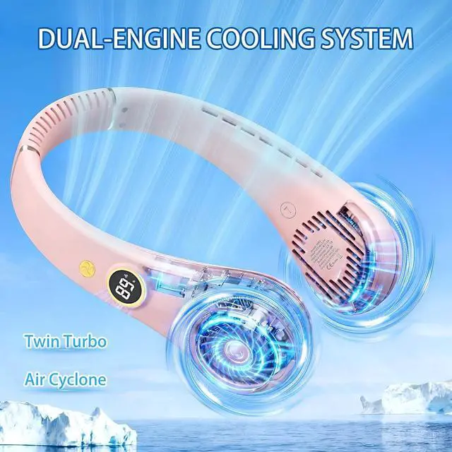 Alt view image 6 of 7 - Portable Neck Fan, Rechargeable Hands-Free Wearable Fan, 5 Speeds, Bladeless & LED Display, Long Use Time, Personal Cooling Fan for Travel, Outdoors, Camping (Pink)