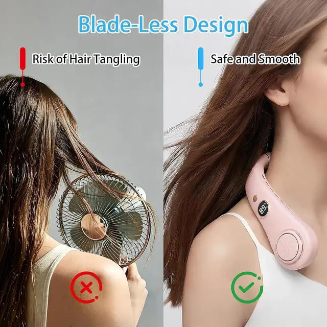 Alt view image 7 of 7 - Portable Neck Fan, Rechargeable Hands-Free Wearable Fan, 5 Speeds, Bladeless & LED Display, Long Use Time, Personal Cooling Fan for Travel, Outdoors, Camping (Pink)