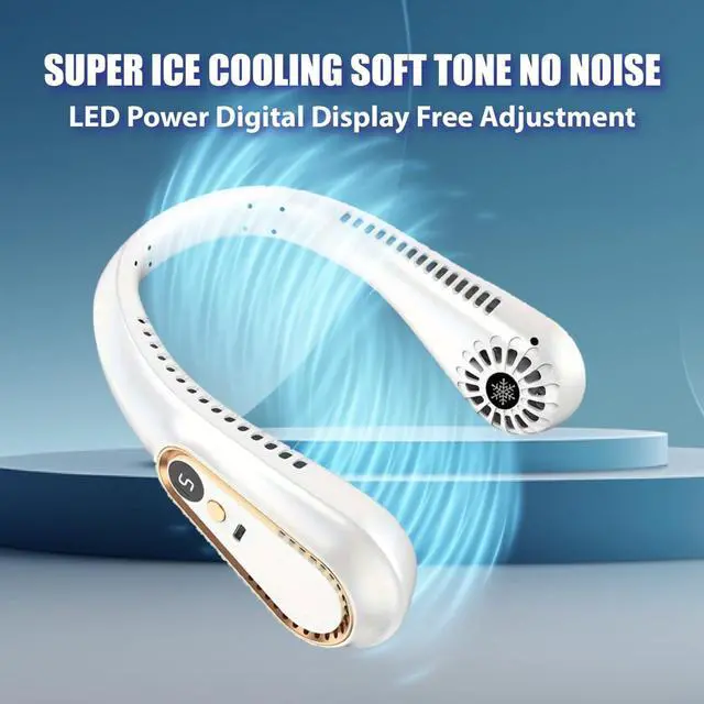 Alt view image 7 of 7 - Portable Neck Fan, Hands-Free Bladeless Upgraded Personal Fan with 4000mAh Battery, Rechargeable Leafless Hanging Sport Fan, USB Powered, 5 Speeds, Headphone Style White