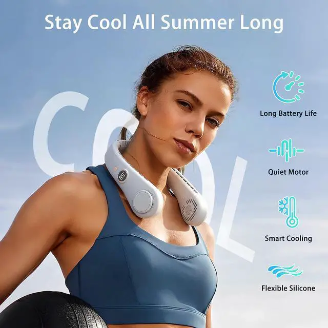 Alt view image 2 of 7 - Portable Neck Fan, Rechargeable Hands-Free Wearable Fan, 5 Speeds, Bladeless & LED Display, Long Use Time, Personal Cooling Fan for Travel, Outdoors, Camping (White)