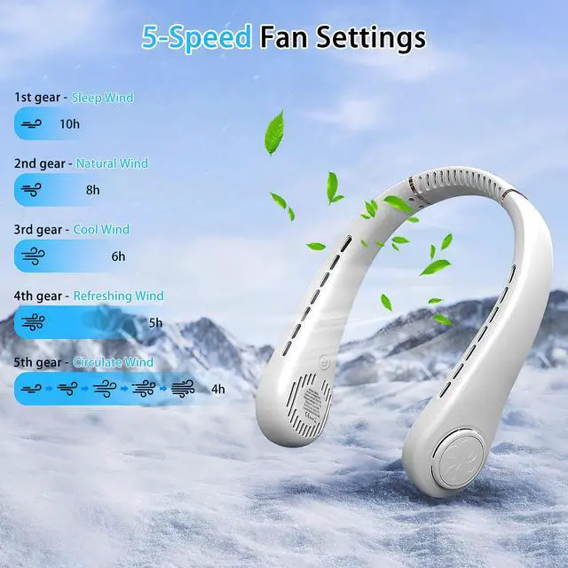 Alt view image 4 of 7 - Portable Neck Fan, Rechargeable Hands-Free Wearable Fan, 5 Speeds, Bladeless & LED Display, Long Use Time, Personal Cooling Fan for Travel, Outdoors, Camping (White)