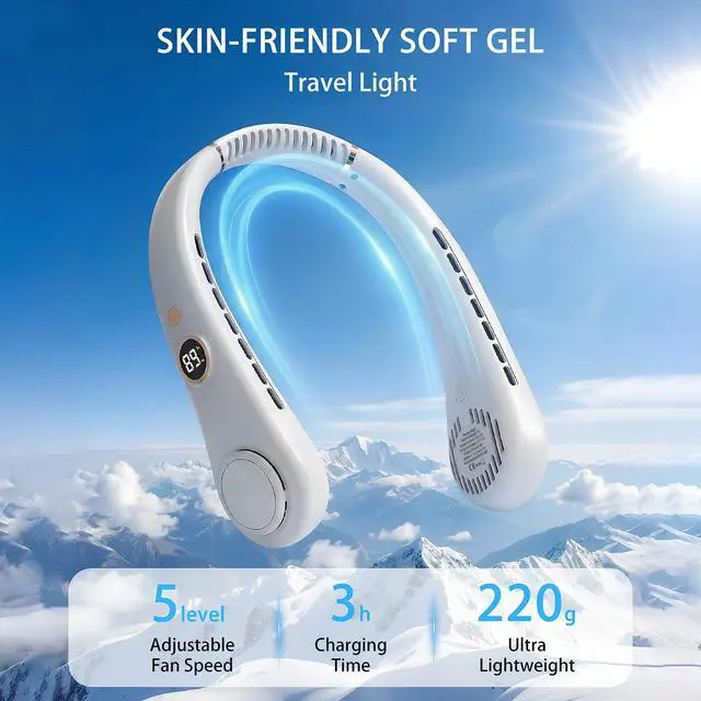 Alt view image 5 of 7 - Portable Neck Fan, Rechargeable Hands-Free Wearable Fan, 5 Speeds, Bladeless & LED Display, Long Use Time, Personal Cooling Fan for Travel, Outdoors, Camping (White)