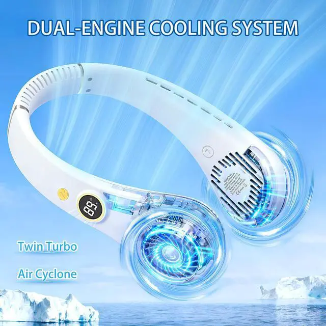 Alt view image 6 of 7 - Portable Neck Fan, Rechargeable Hands-Free Wearable Fan, 5 Speeds, Bladeless & LED Display, Long Use Time, Personal Cooling Fan for Travel, Outdoors, Camping (White)